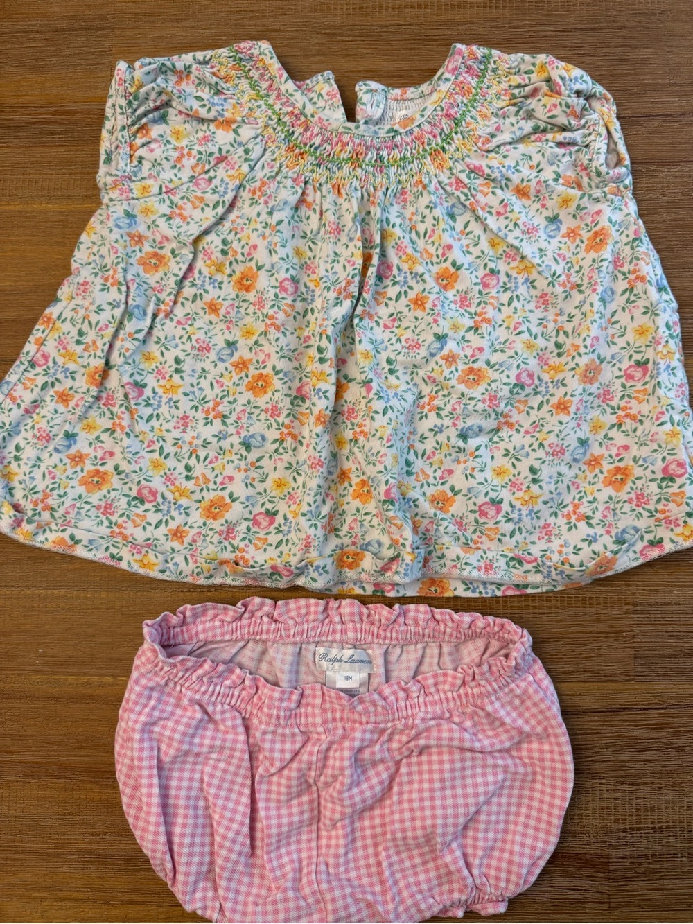 Ralph Lauren Floral Smocked Baby Top with Pink Gingham Bloomers 18mo